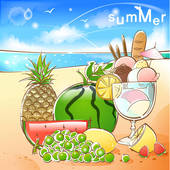 Drawing of pineapple, summer, fruit, beach, sea, grape, season.