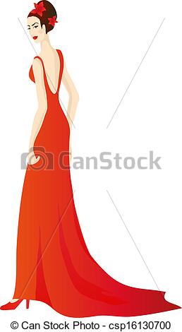 Vector Clipart of Beautiful girl in splendid evening red dress.