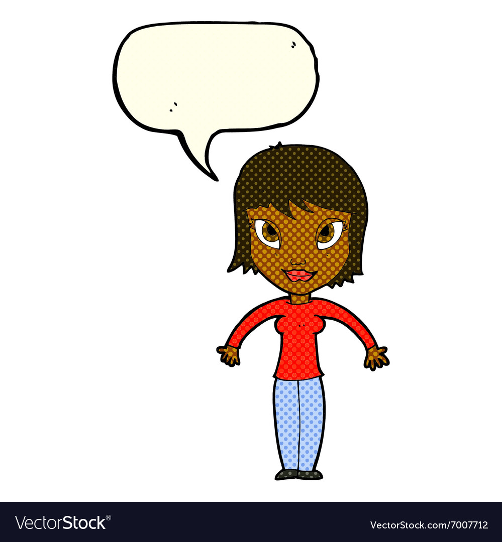 Cartoon woman shrugging shoulders with speech.