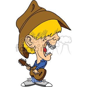 Boy in a cowboy hat playing a guitar and singing clipart. Royalty.