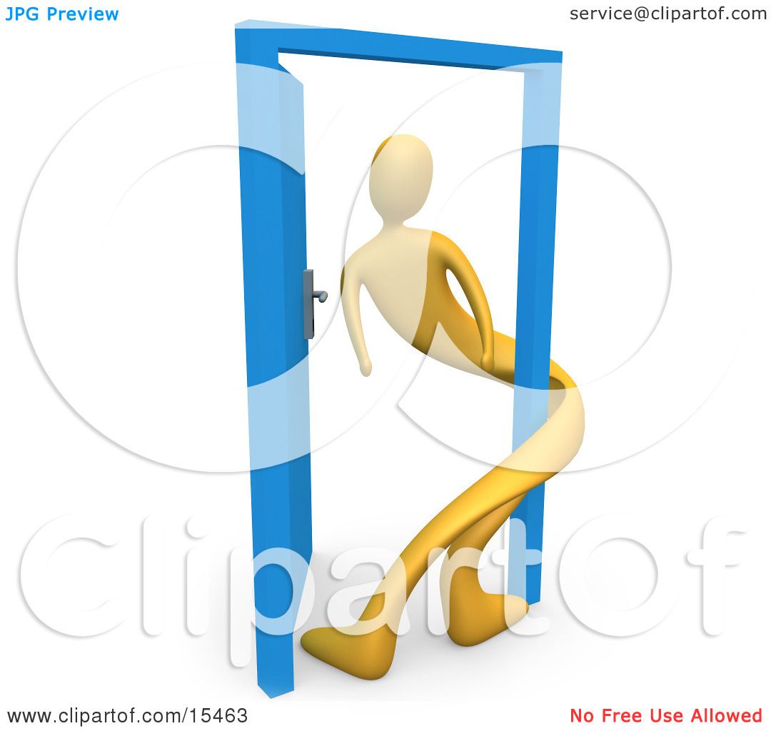 Yellow Person Twisted Around The Frame Of An Open Blue Door.