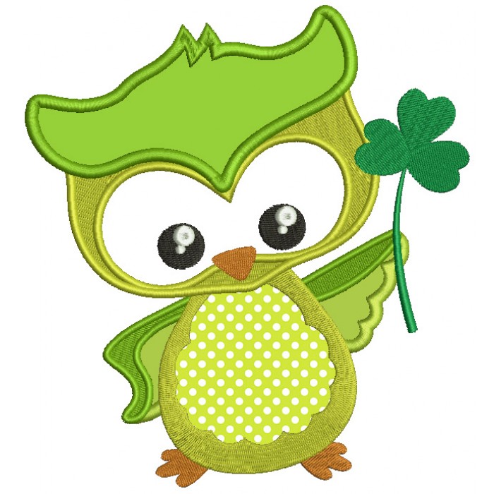 St Patrick\'s Day Owl Holding Shamrock Irish Applique Machine Embroidery  Design Digitized Pattern.