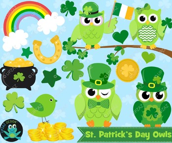 St Patricks Owl Clipart, Instant Download, Commercial Use.