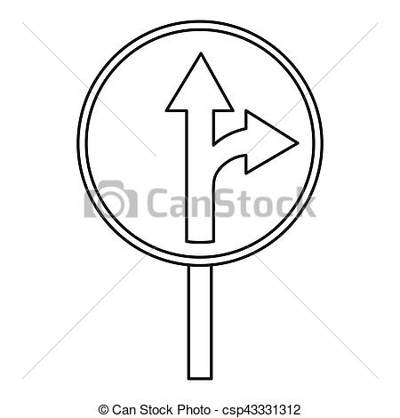 Clipart of Straight or right turn ahead traffic sign icon. Outline.