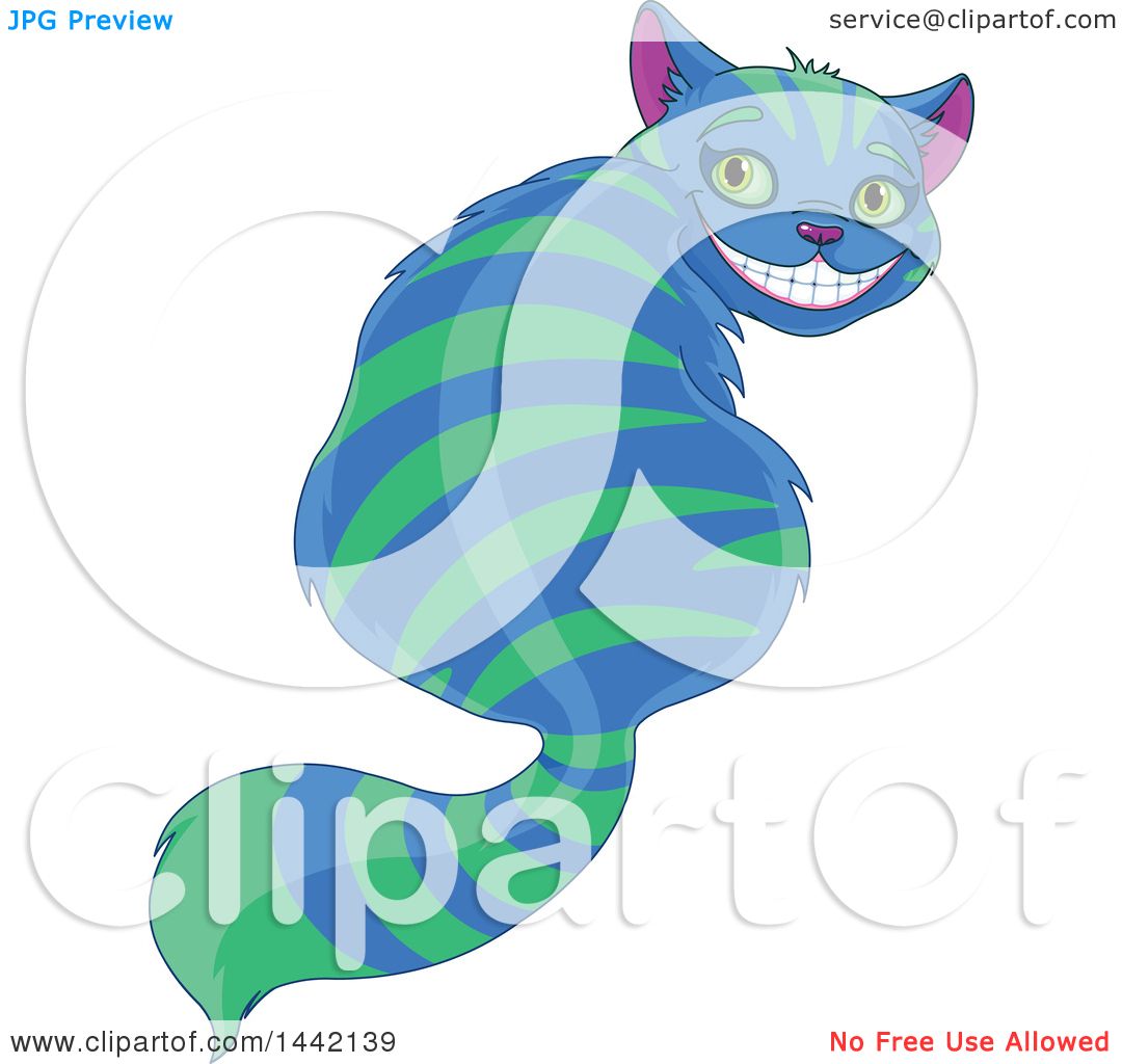 Clipart of a Grinning Striped Blue and Green Cheshire Cat Looking.