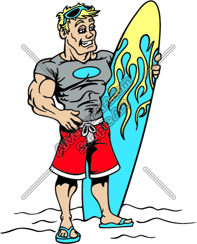 Surfer Dude with Flames Surfboard Clipart and Vectorart.