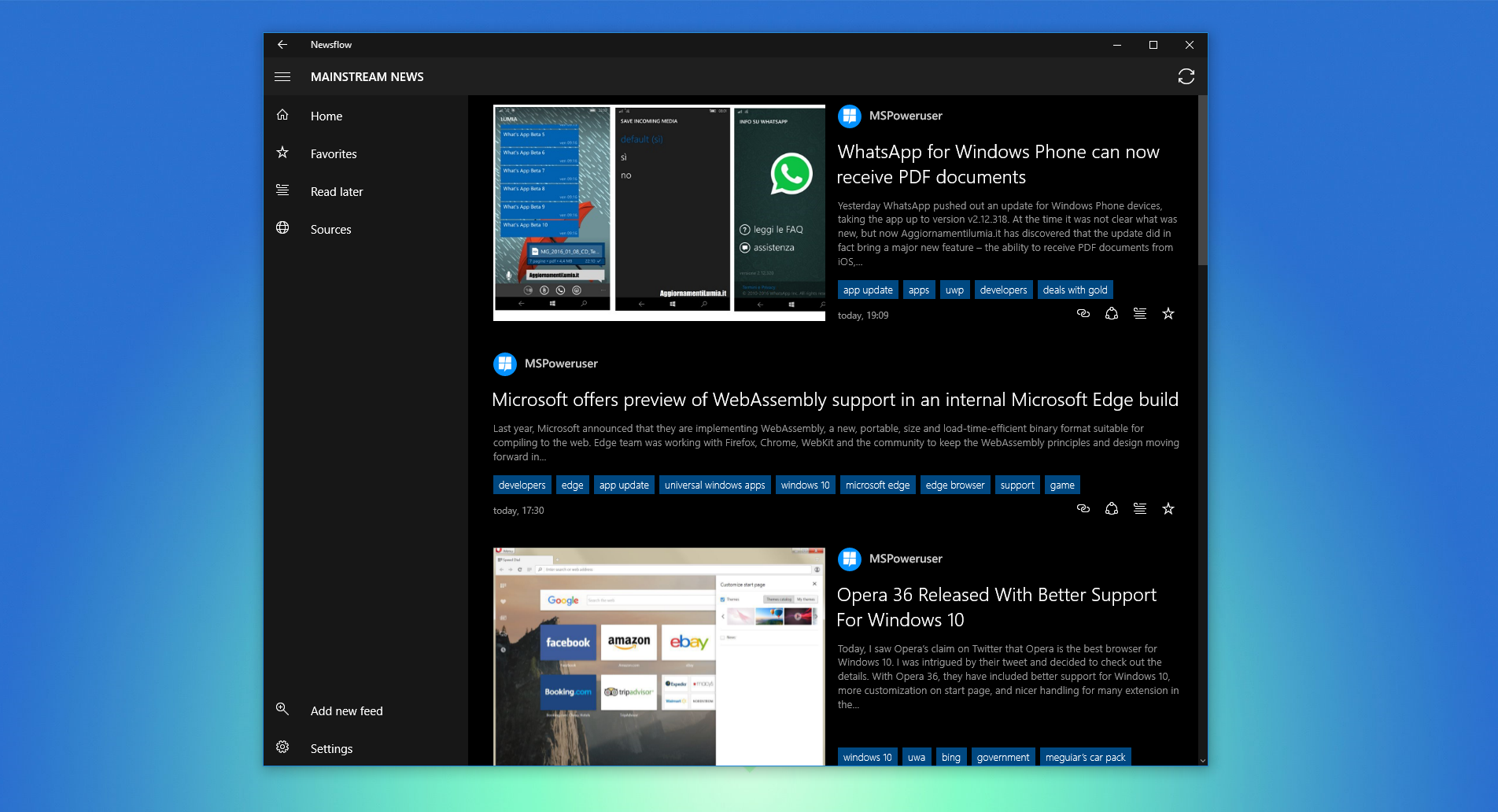 Newsflow is a beautiful RSS reader app for Windows 10.