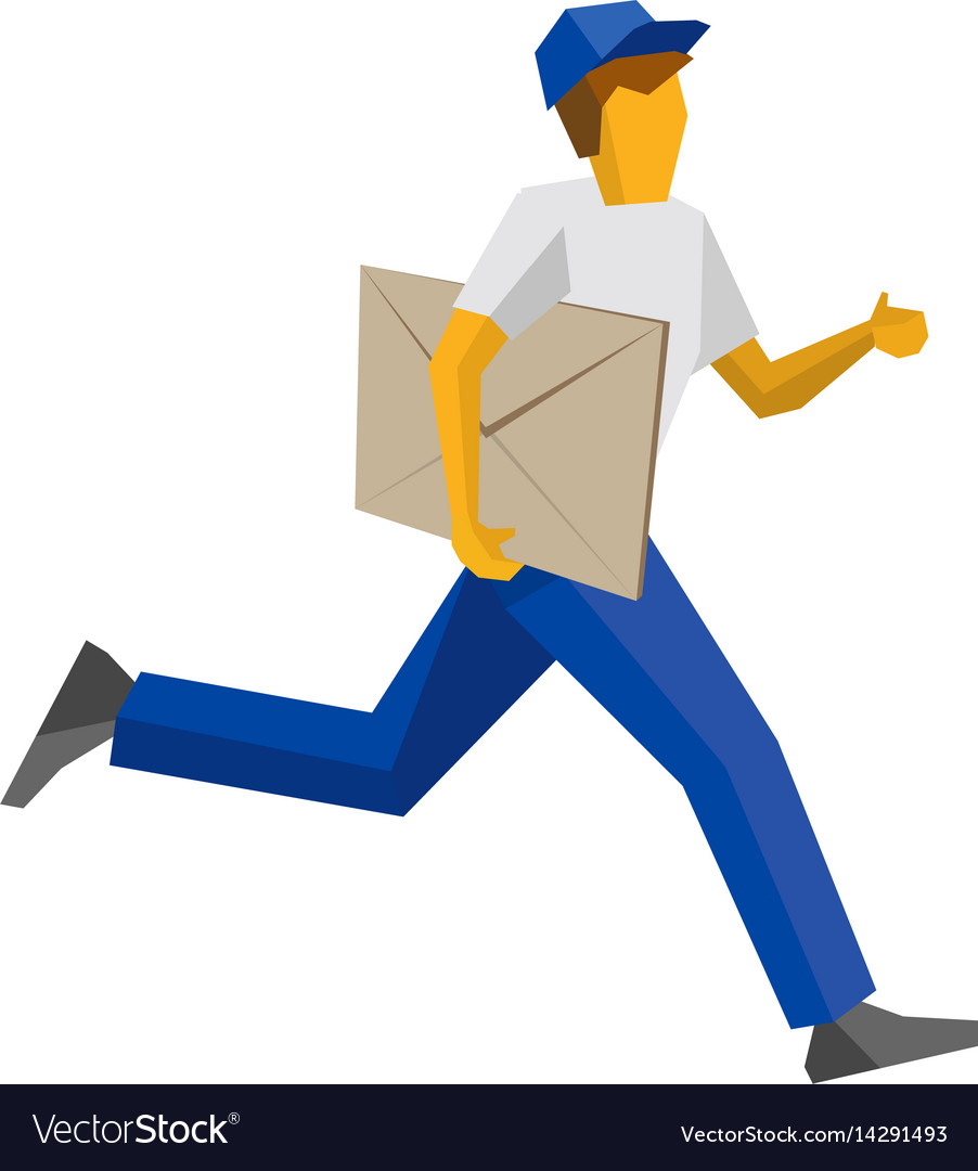 Running delivery man holding big postal envelope.