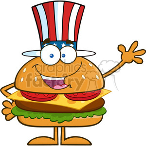 8581 Royalty Free RF Clipart Illustration American Hamburger Cartoon  Character With Patriotic Hat Waving Vector Illustration Isolated On White.