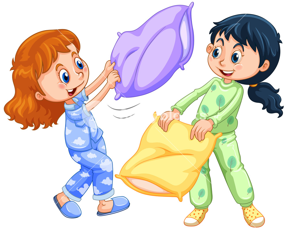 Girls playing pillow fight at slumber party illustration.