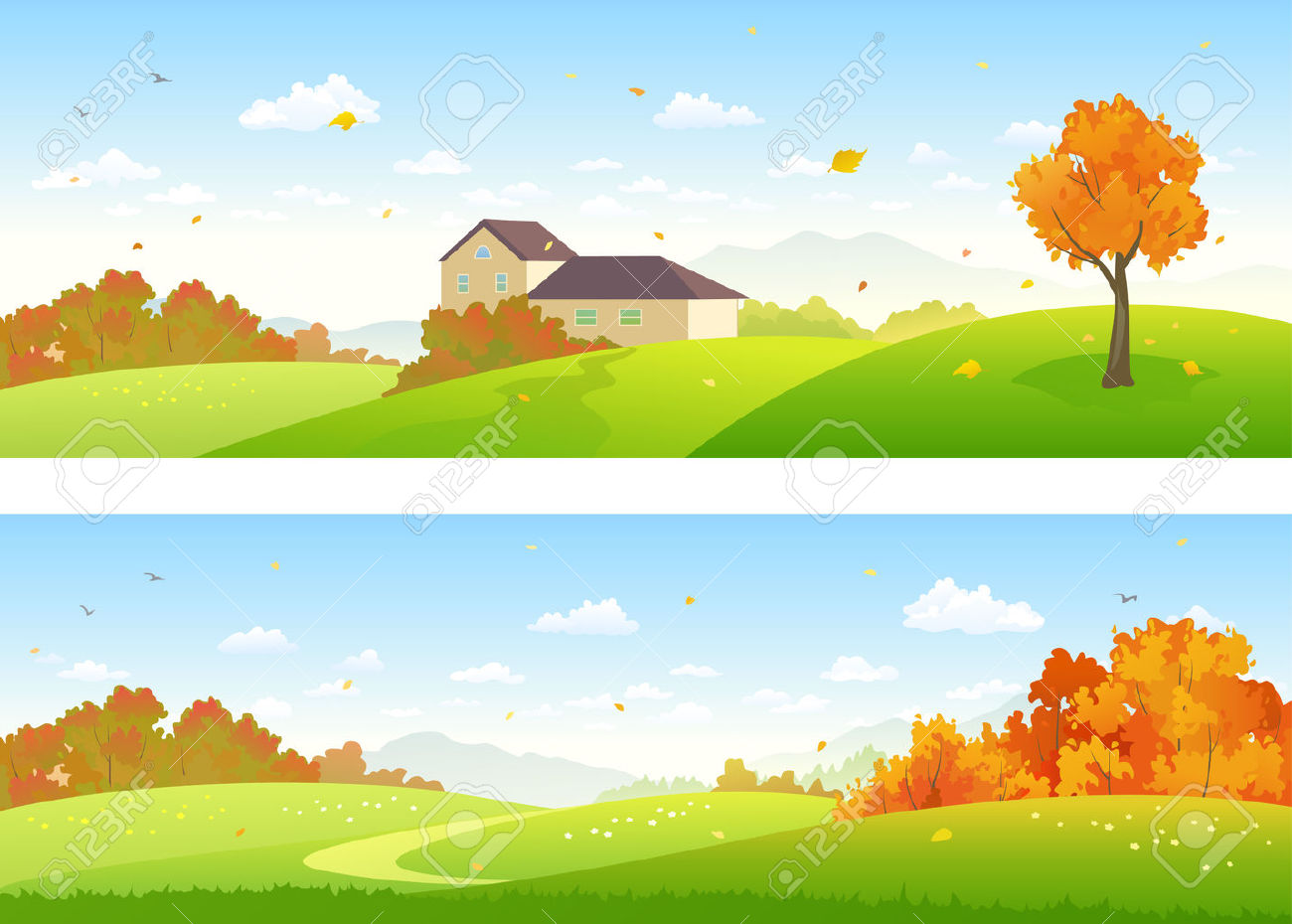 Vector Illustration Of Beautiful Autumn Panoramic Landscapes.