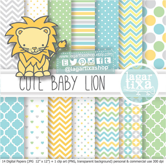 Lion Baby Shower Digital Paper patterns clip art I'ts a Boy soft.