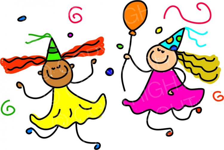 Happy Cartoon Birthday Party Dancing Girls Toddler Art.