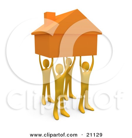 Four Gold People Holding Up A Home, Symbolizing Teamwork, Strong.