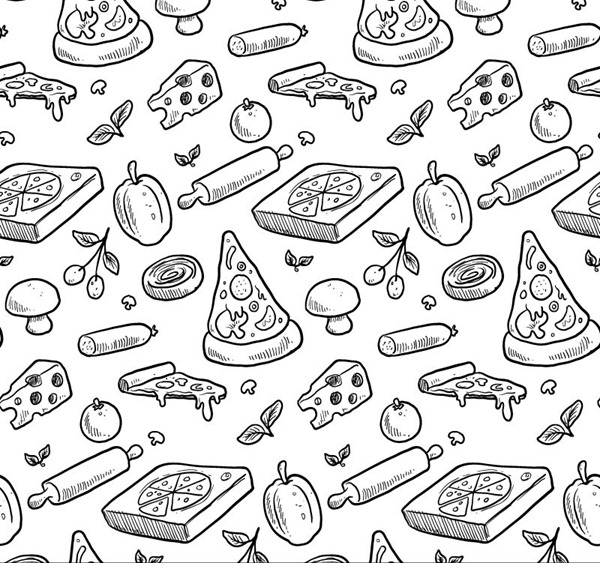 Hand drawn pizza seamless background.