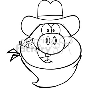 Royalty Free RF Clipart Illustration Black And White Cowboy Pig Head  Cartoon Character clipart. Royalty.