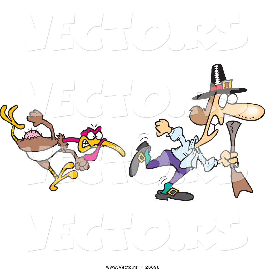 Vector of a Mad Cartoon Turkey Chasing a Pilgrim Man with.