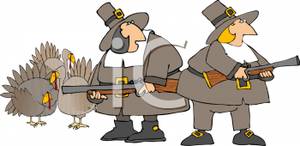 Cartoon Pilgrims Hunting Turkeys.