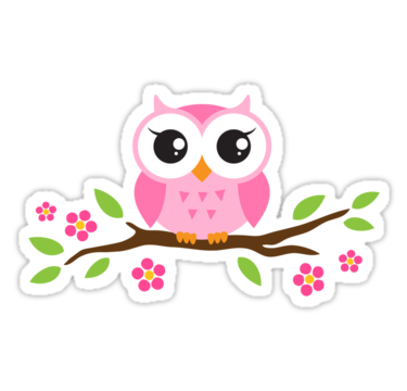 Cute pink cartoon baby owl sitting on a branch with leaves.