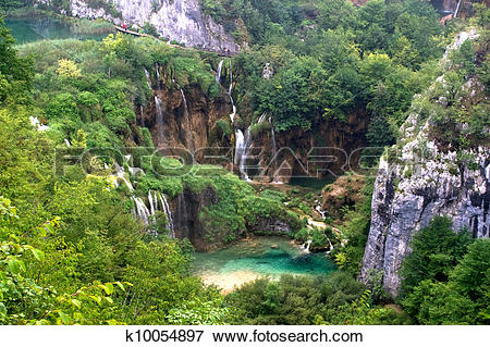 Picture of Plitvice waterfall landscape with lake k10054897.