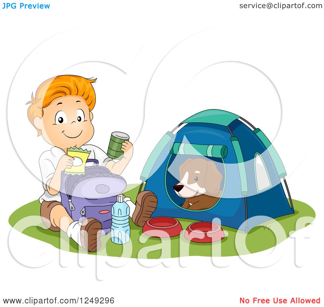 Clipart of a Happy Boy Going Through His Provisions While His Dog.