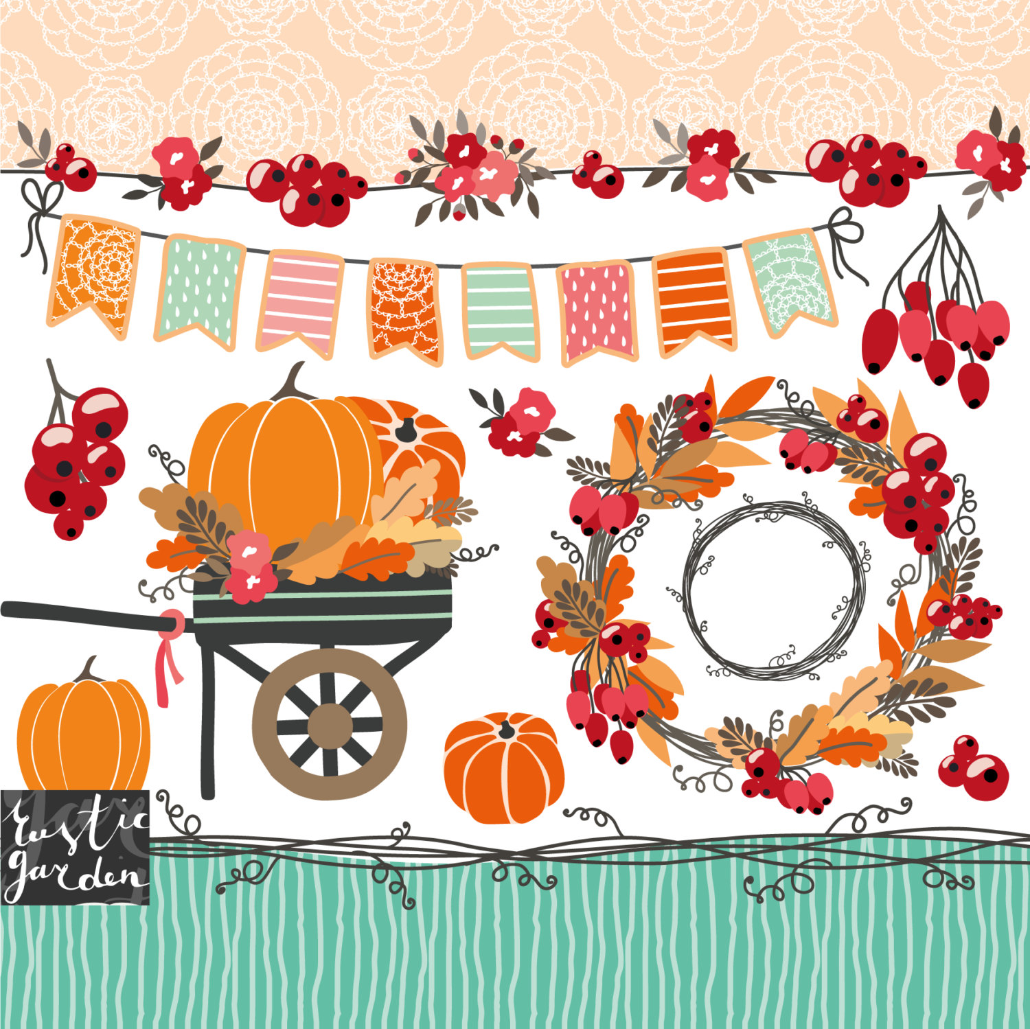 Fall wreath clipart, thanksgiving clipart, wagon with pumpkins.