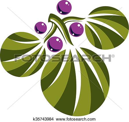 Clipart of Three vector flat green leaves with purple berries or.