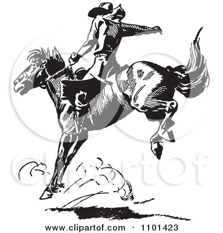 Clipart Retro Black And White Rodeo Cowboy On A Bucking.