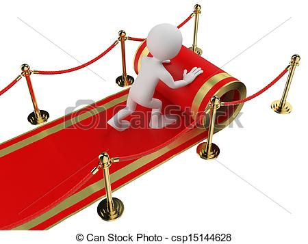 Clip Art of 3D white people. Worker rolling out the red carpet.