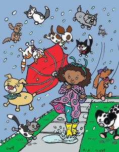 Raining Cats And Dogs And People Running Wild Clipart.