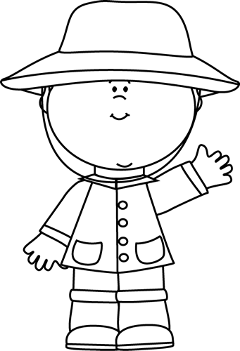 Black and White Boy Wearing a Raincoat Clip Art.