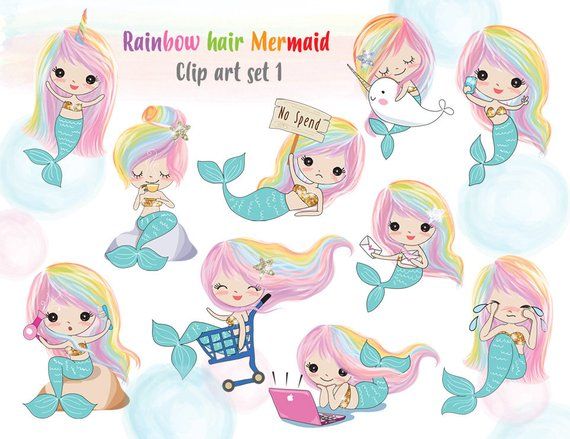 Rainbow hair Mermaid Clip art set 1 , instant download PNG.