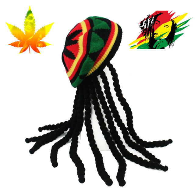 Jamaican Knitted Rasta Hair Hat with Dreadlocks Stone Wig Carribean Fancy  Dress.