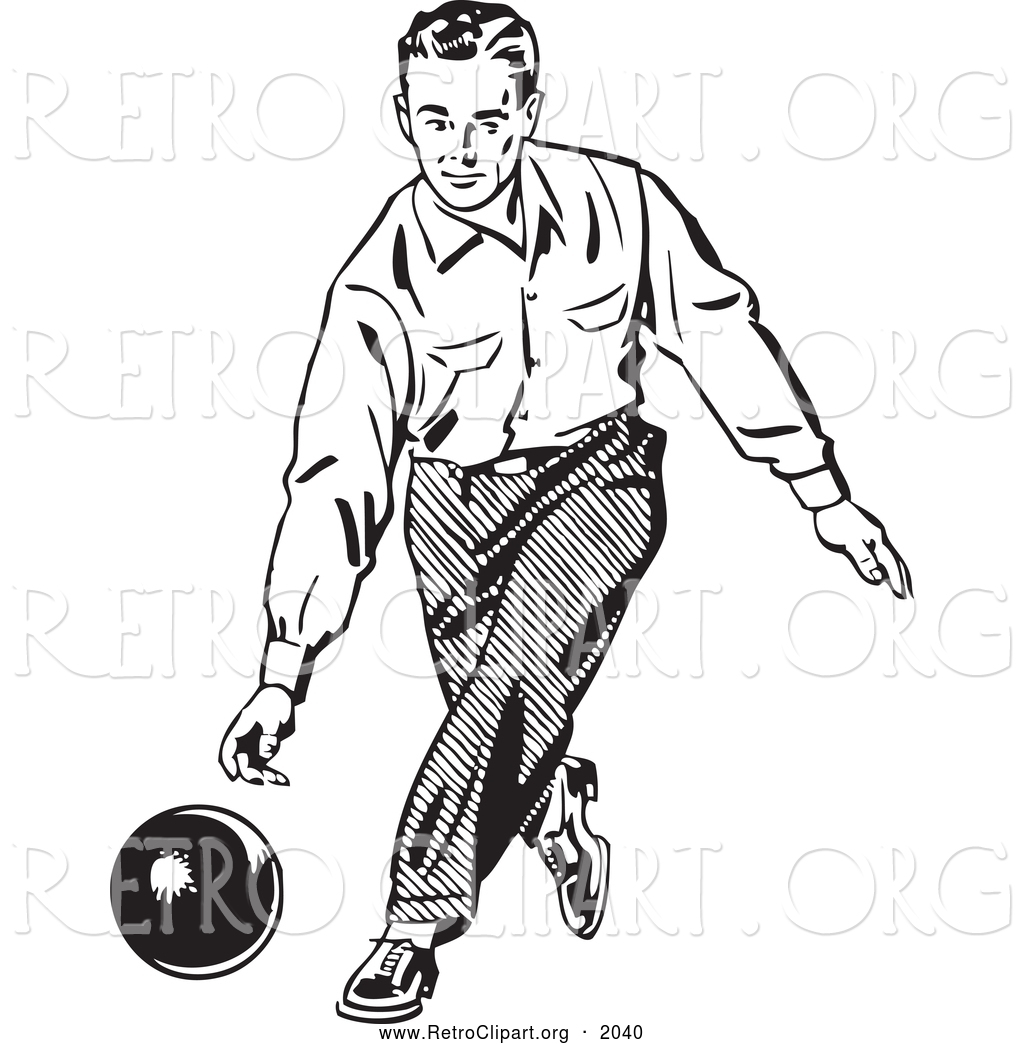 Retro Clipart of a Black and White Retro Man Bowling by.