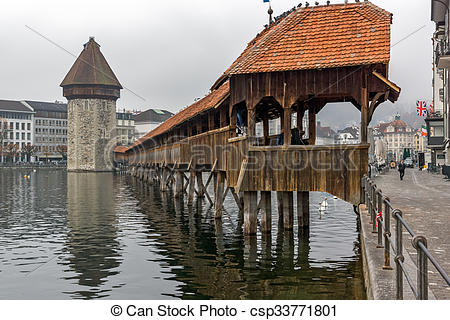 Stock Photography of Chapel Bridge over Reuss River, Lucerne.