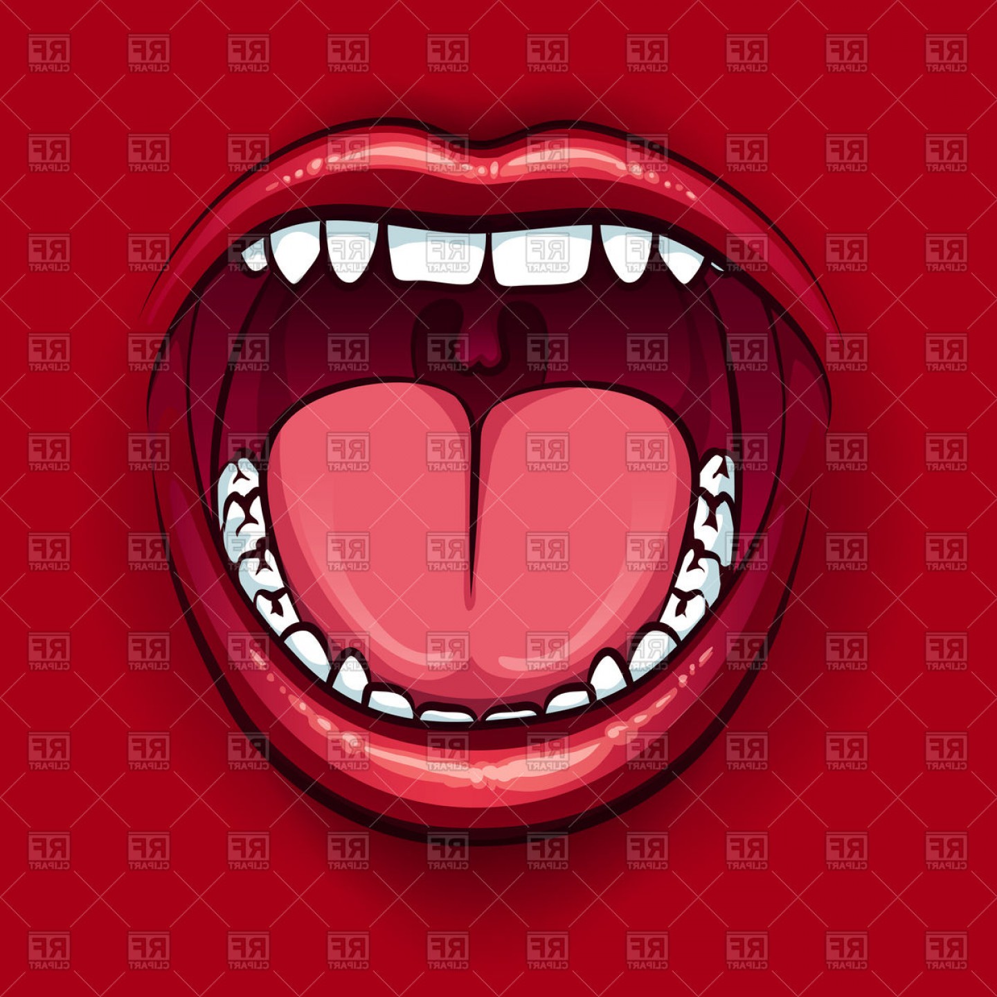 Screaming Wide Open Mouth With Red Lips On Red Background.