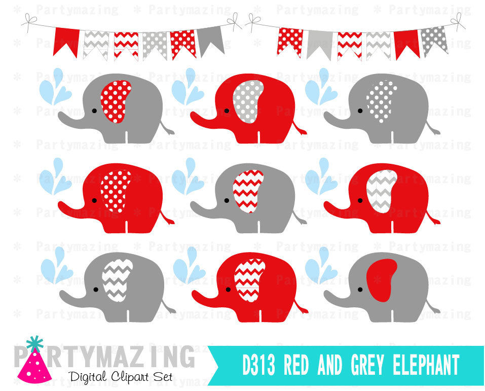 Red Elephant ClipArt , Red and Gray Clip Art set , Cute Elephant.