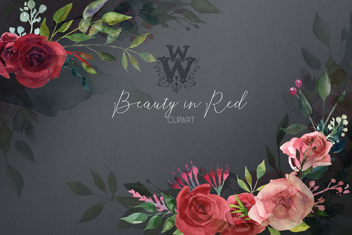 Watercolor red rose flowers wedding clipart, boho pink peony.