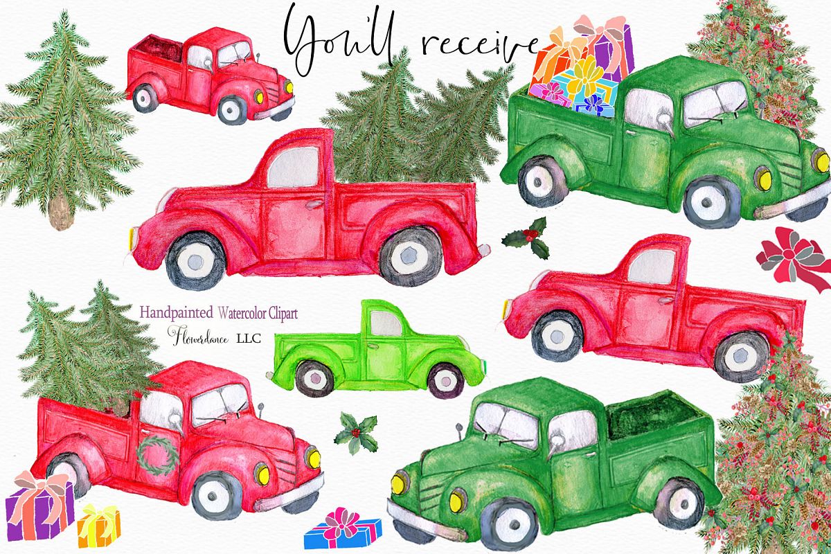 Watercolor Red Truck Clipart, Christmas Farm Trucks.