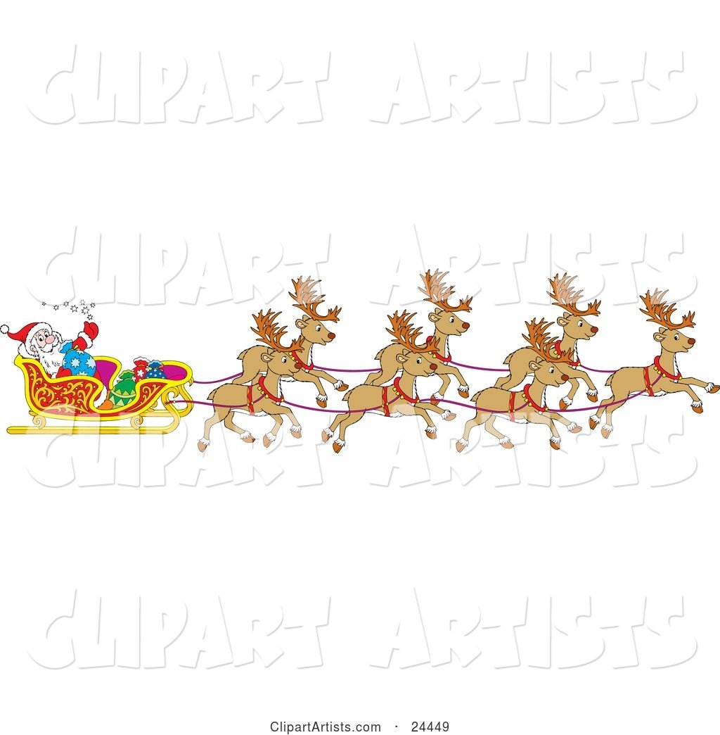 Team Of Santa\'s Reindeer Pulling The Sleigh On Christmas Eve.