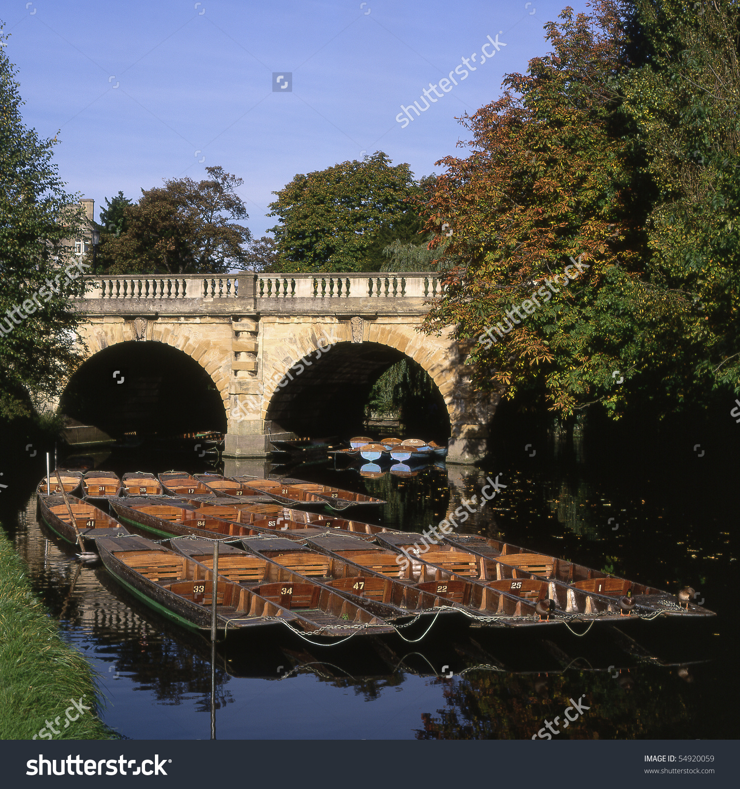 Moored Punts On River Cherwell By Magdalen Bridge. Oxford. England.