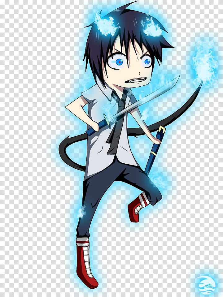 Rin Okumura chibi, man holding sword illustration.