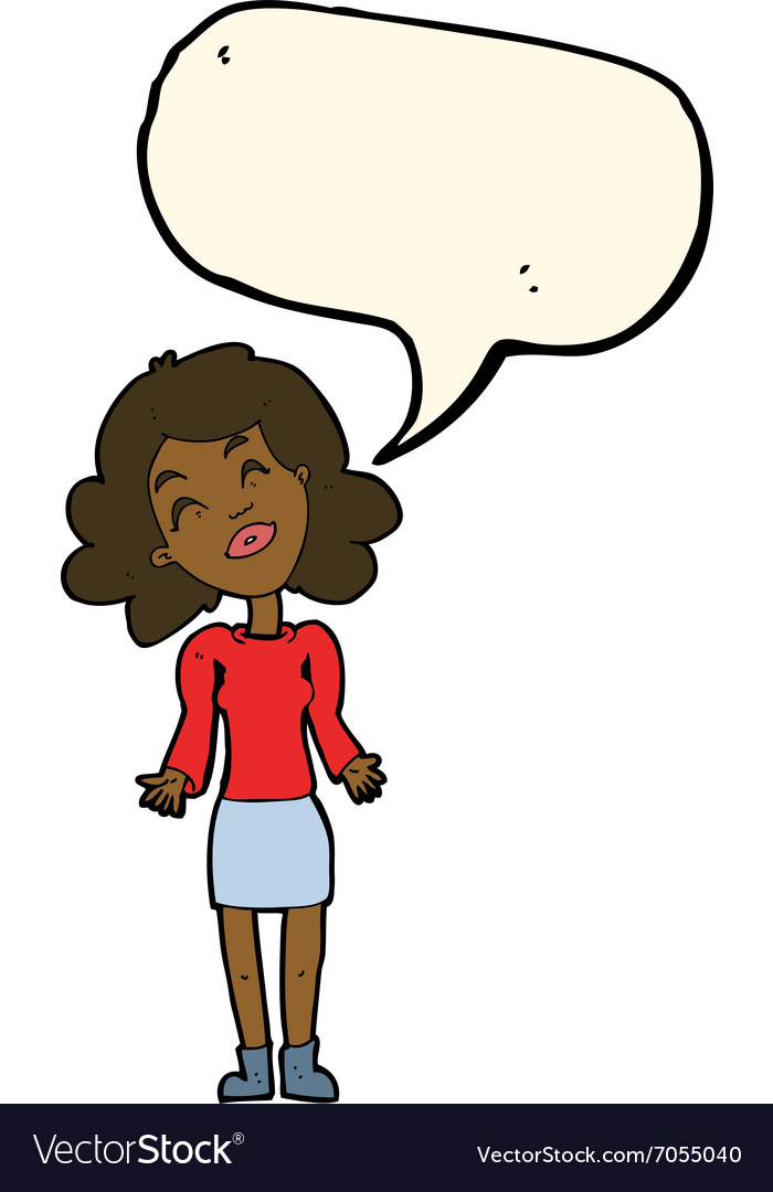 Cartoon woman shrugging shoulders with speech.