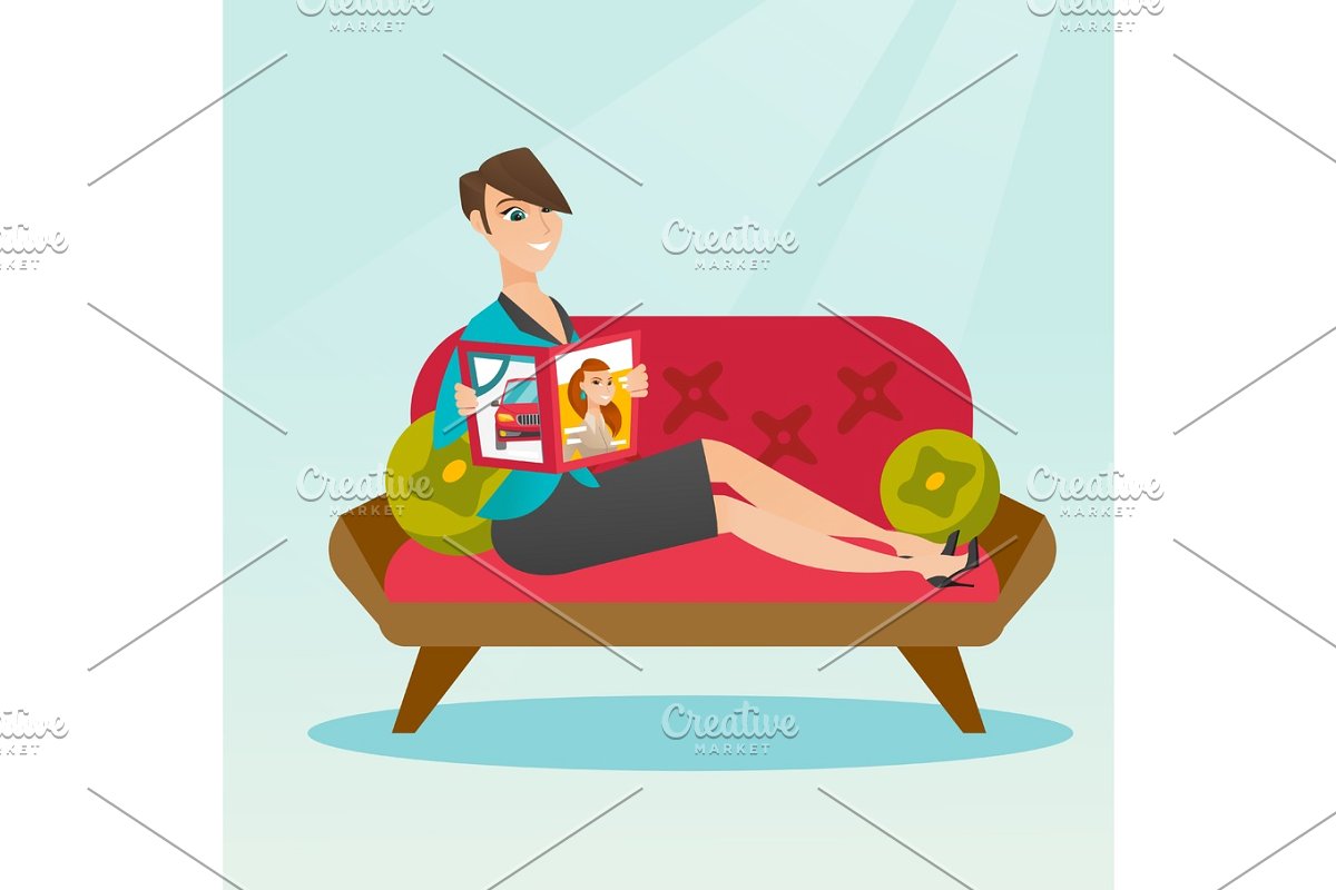 Woman reading magazine on sofa vector illustration.