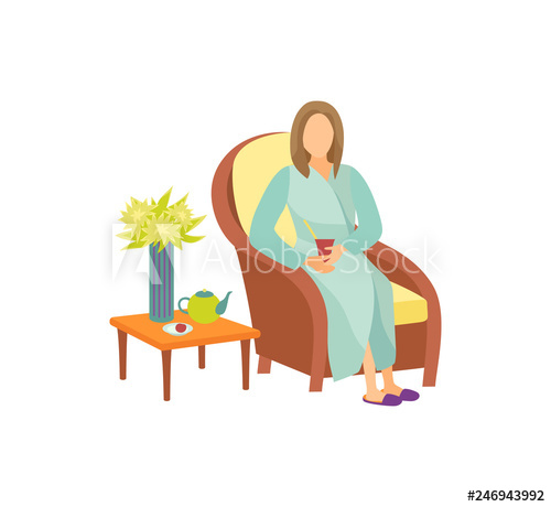 Woman sitting on armchair in resting room cartoon vector.