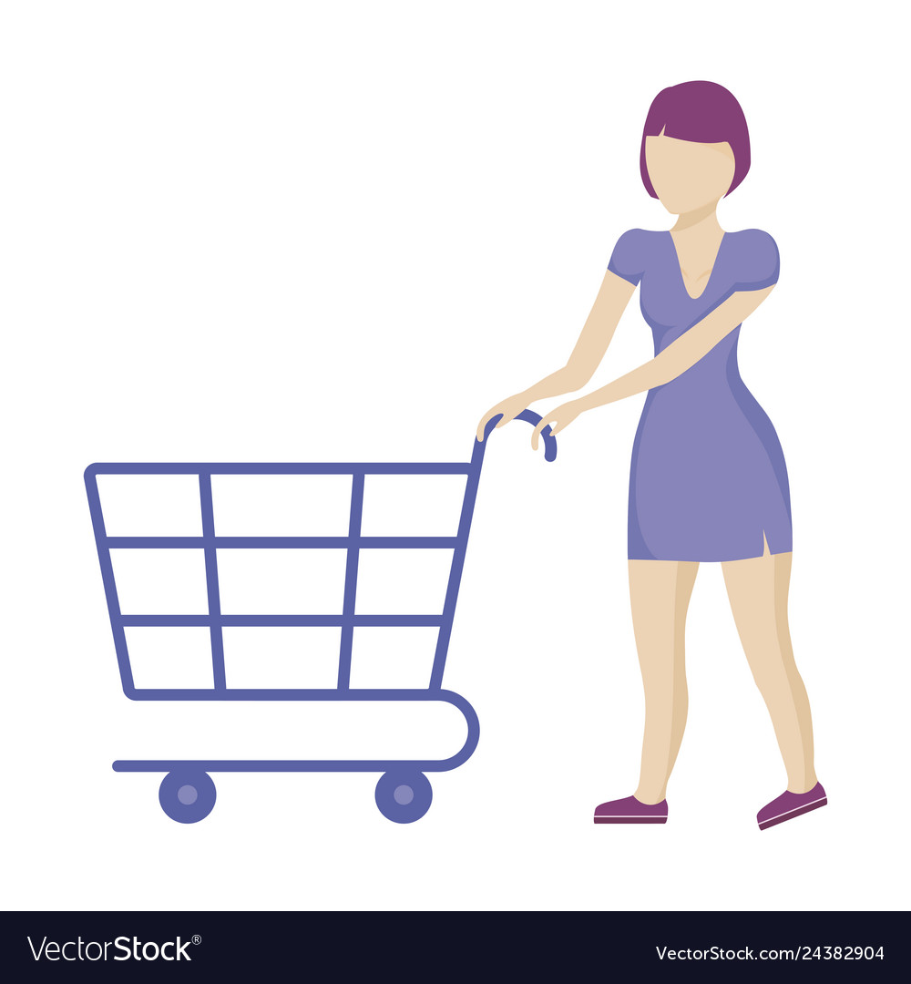 Woman with shopping cart isolated icon.