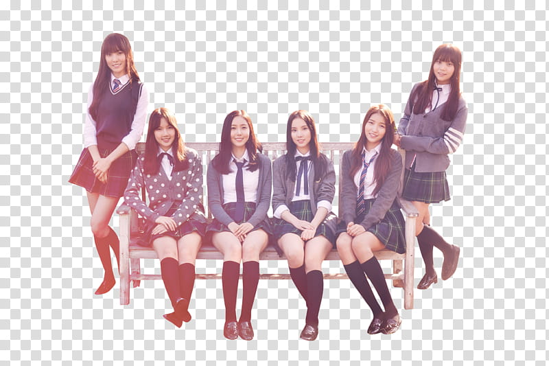 GFRIEND, six women sitting on brown bench transparent.