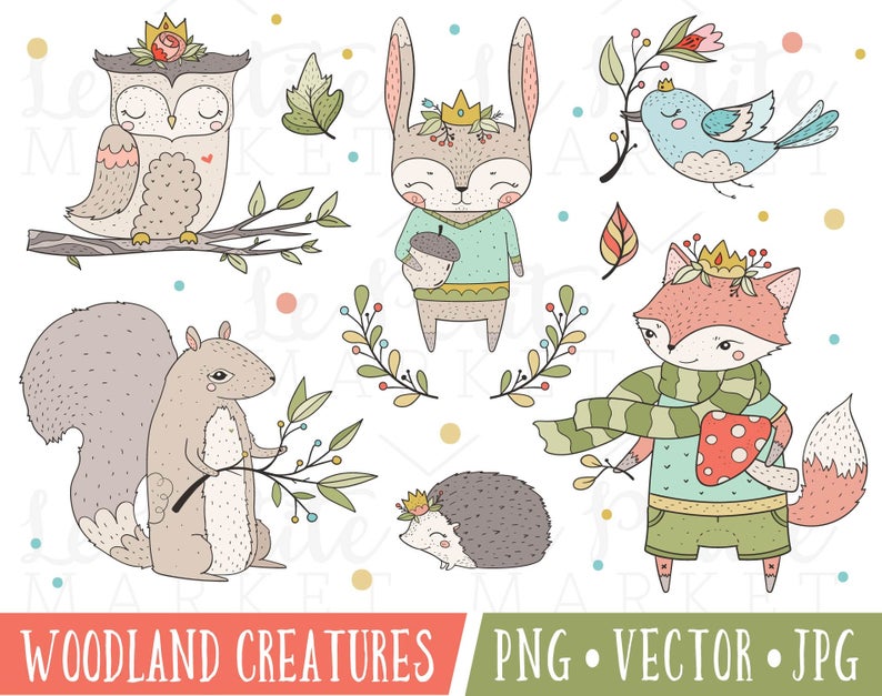 Woodland Creatures Clipart Images, Woodland Animals Clipart, Woodland Fox  PNG, Cute Woodland Illustrations, Squirrel Fox Hedgehog Owl Bird.