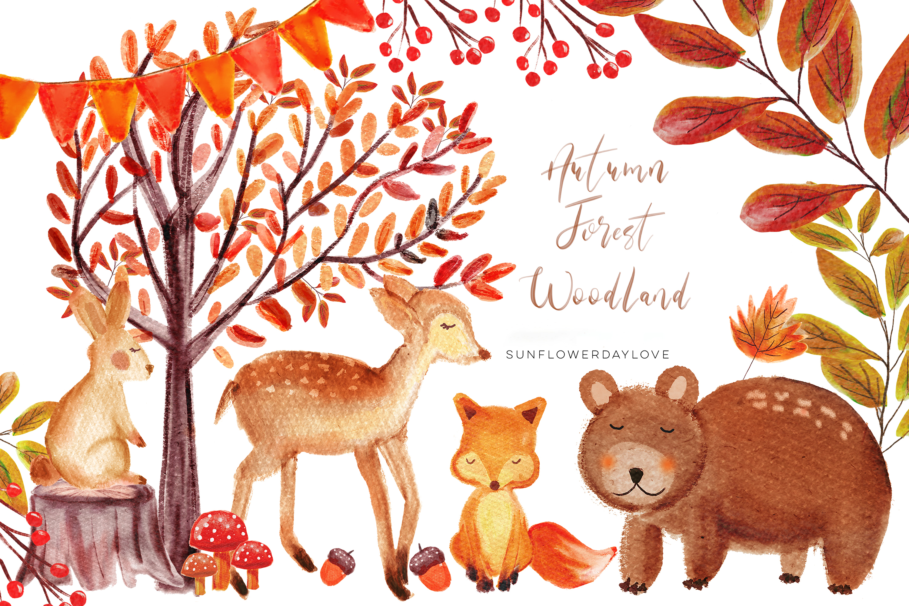 Autumn Forest Woodland clipart, Watercolor Bear deer Clipart, Autumn  Clipart, Woodland Animals Clipart, Cute Nursery Clipart, Fall Clip Art.