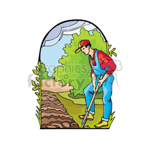 Farmer working in his garden clipart. Royalty.